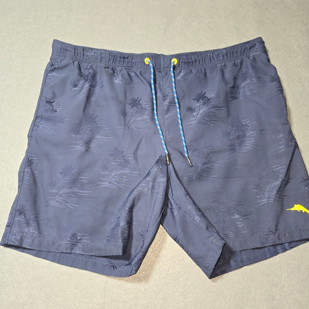 Tommy‎ Bahama Relax Mens L Swim Trunks Navy Blue Jacquard Palm Tree Marlin Logo